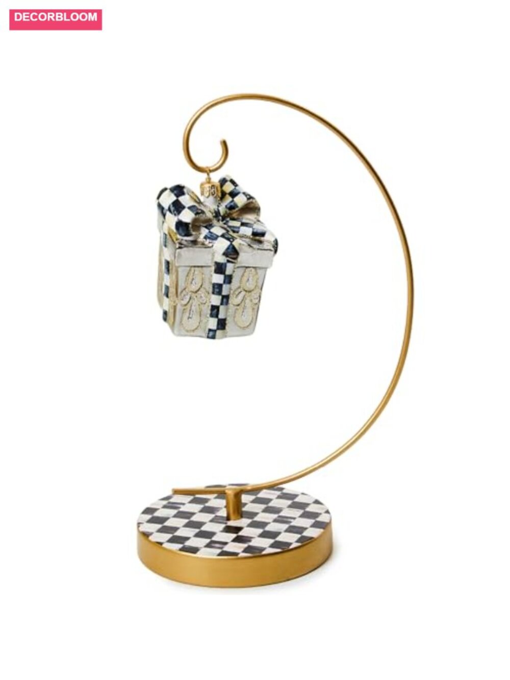 Metal Ornament Stand with Curved Gold Hook and Pedestal Base